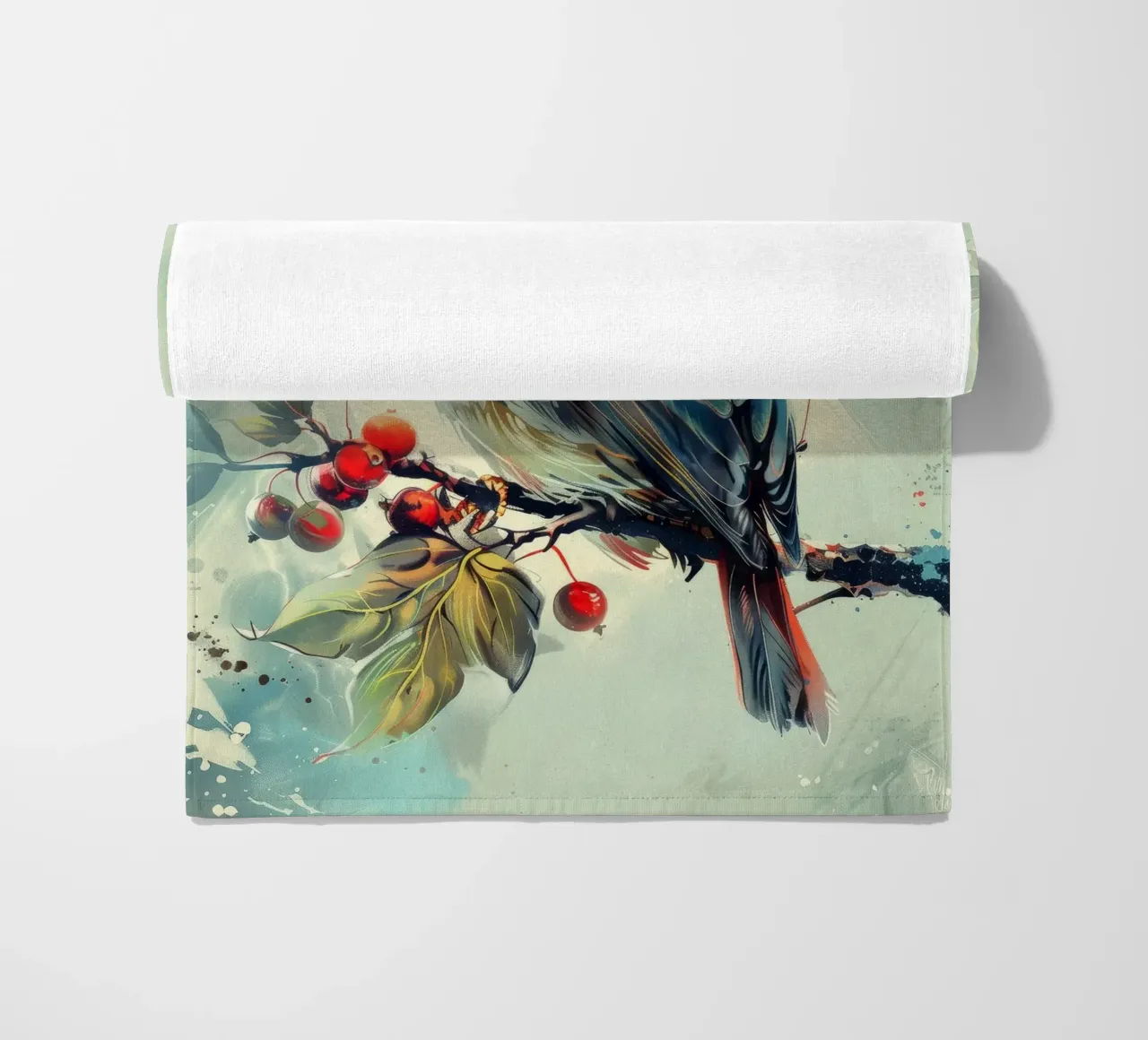 Uccello colorato appollaiato su un ramo tra foglie e bacche telo mare da DesignDoodle