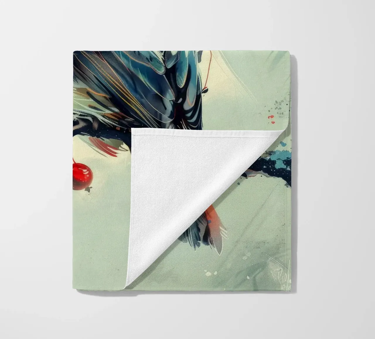 Uccello colorato appollaiato su un ramo tra foglie e bacche telo mare da DesignDoodle