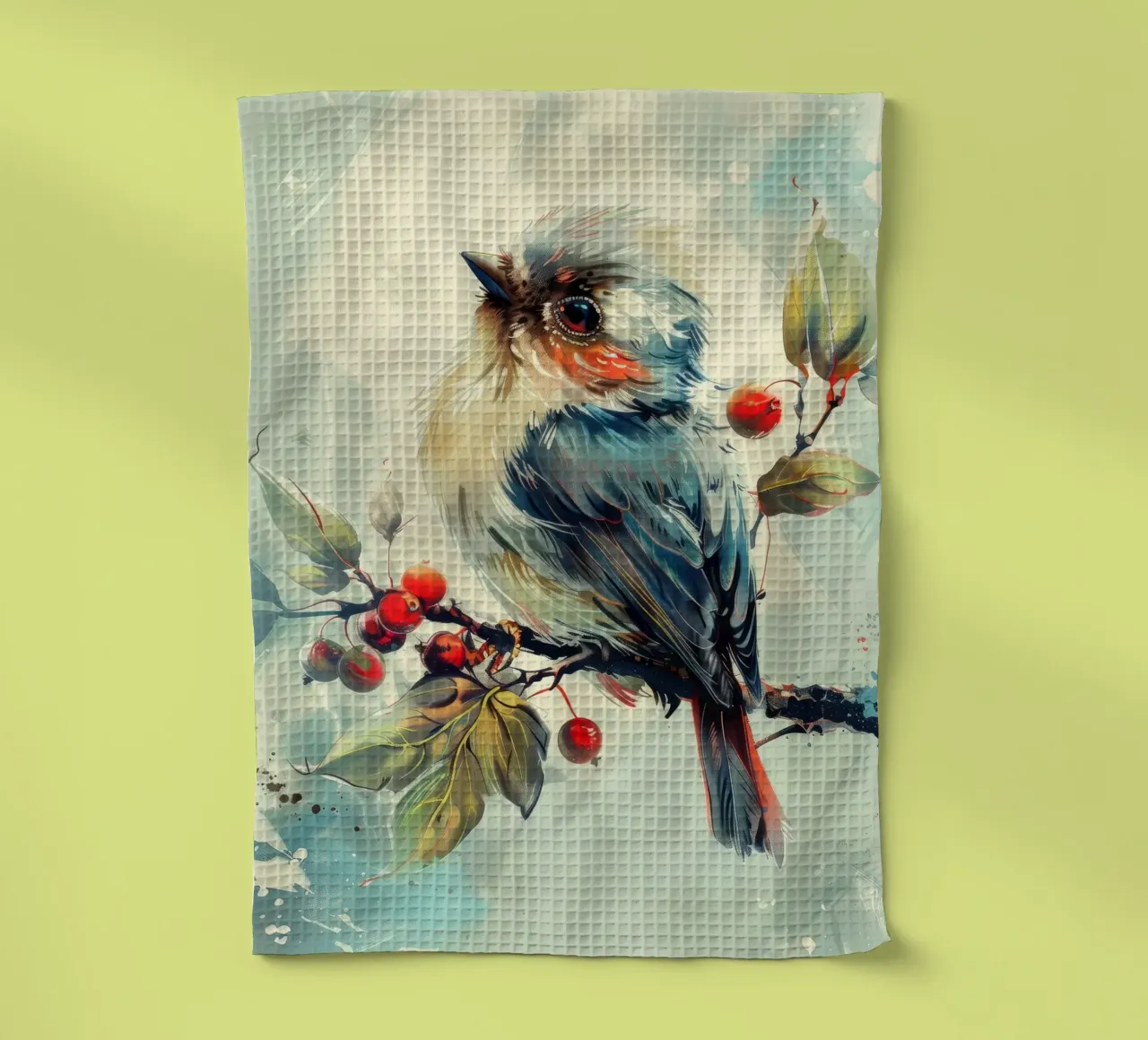 Uccello colorato appollaiato su un ramo tra foglie e bacche canovaccio da cucina da DesignDoodle