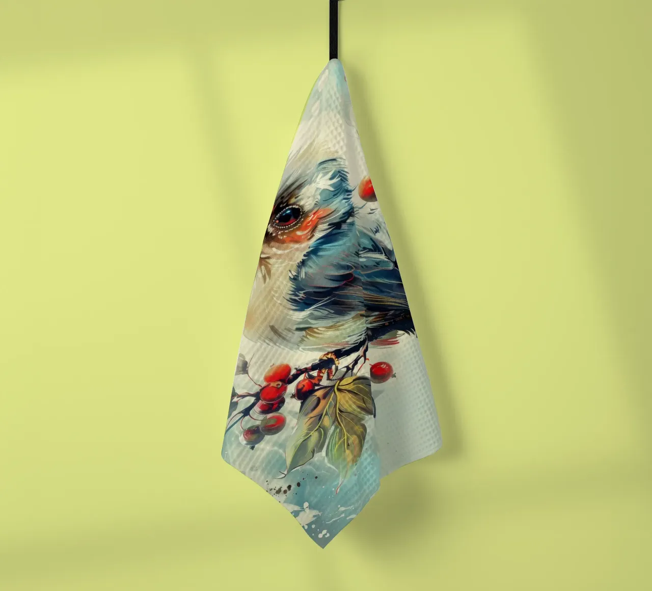 Uccello colorato appollaiato su un ramo tra foglie e bacche canovaccio da cucina da DesignDoodle