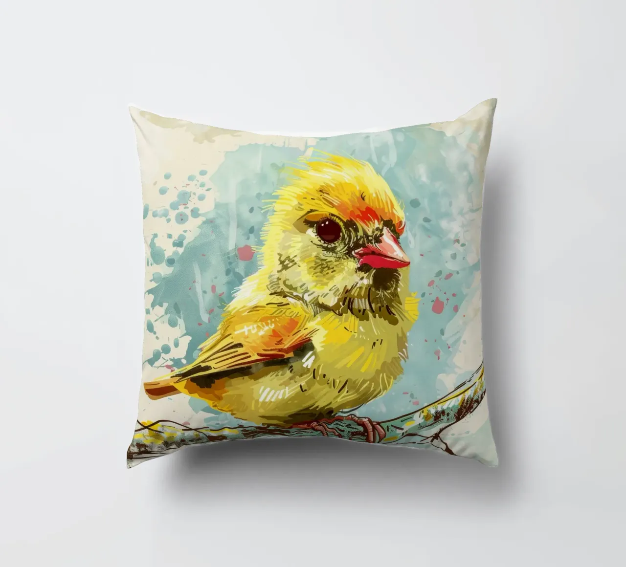 Oiseau jaune vif perché sur une branche coussin de DesignDoodle