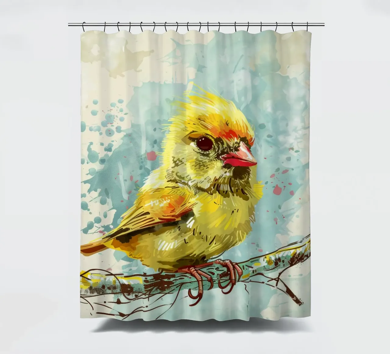 Bright yellow bird perched on a branch shower curtain by DesignDoodle