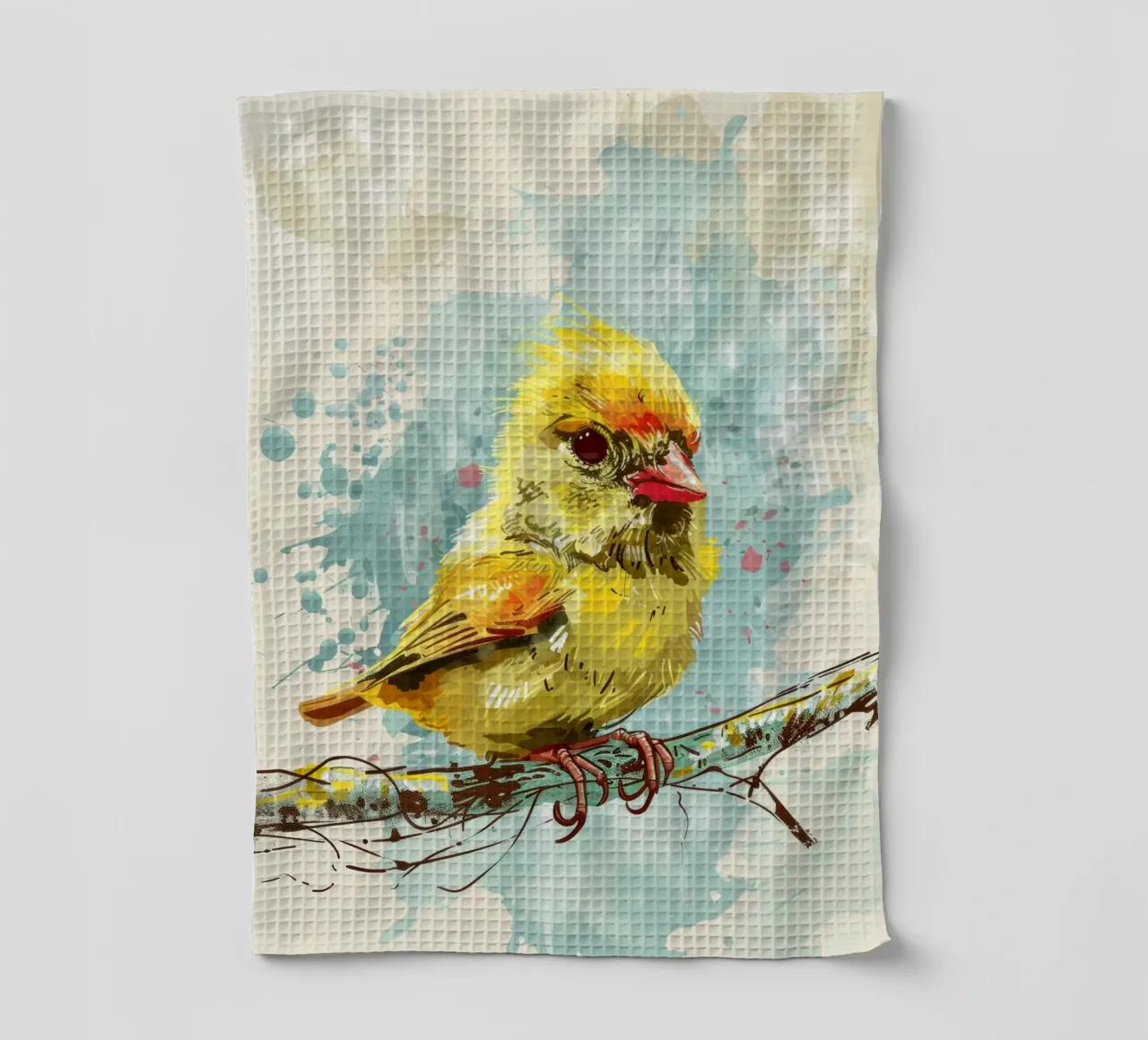 Leuchtend gelber Vogel auf einem Ast sitzend Geschirrtuch von DesignDoodle