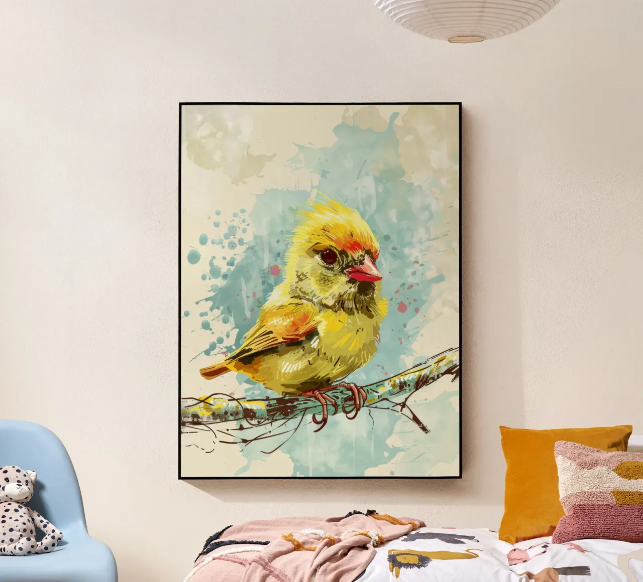 Oiseau jaune vif perché sur une branche plexiglas de DesignDoodle
