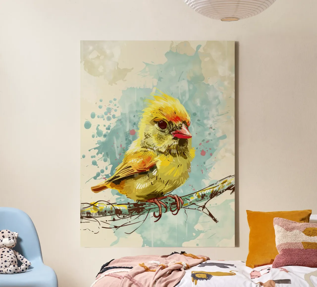 Bright yellow bird perched on a branch canvas by DesignDoodle