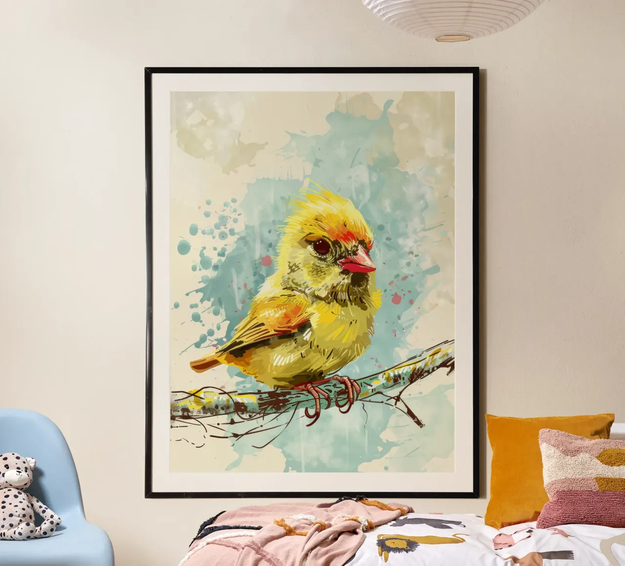 Leuchtend gelber Vogel auf einem Ast sitzend Poster mit Aluminium Rahmen von DesignDoodle