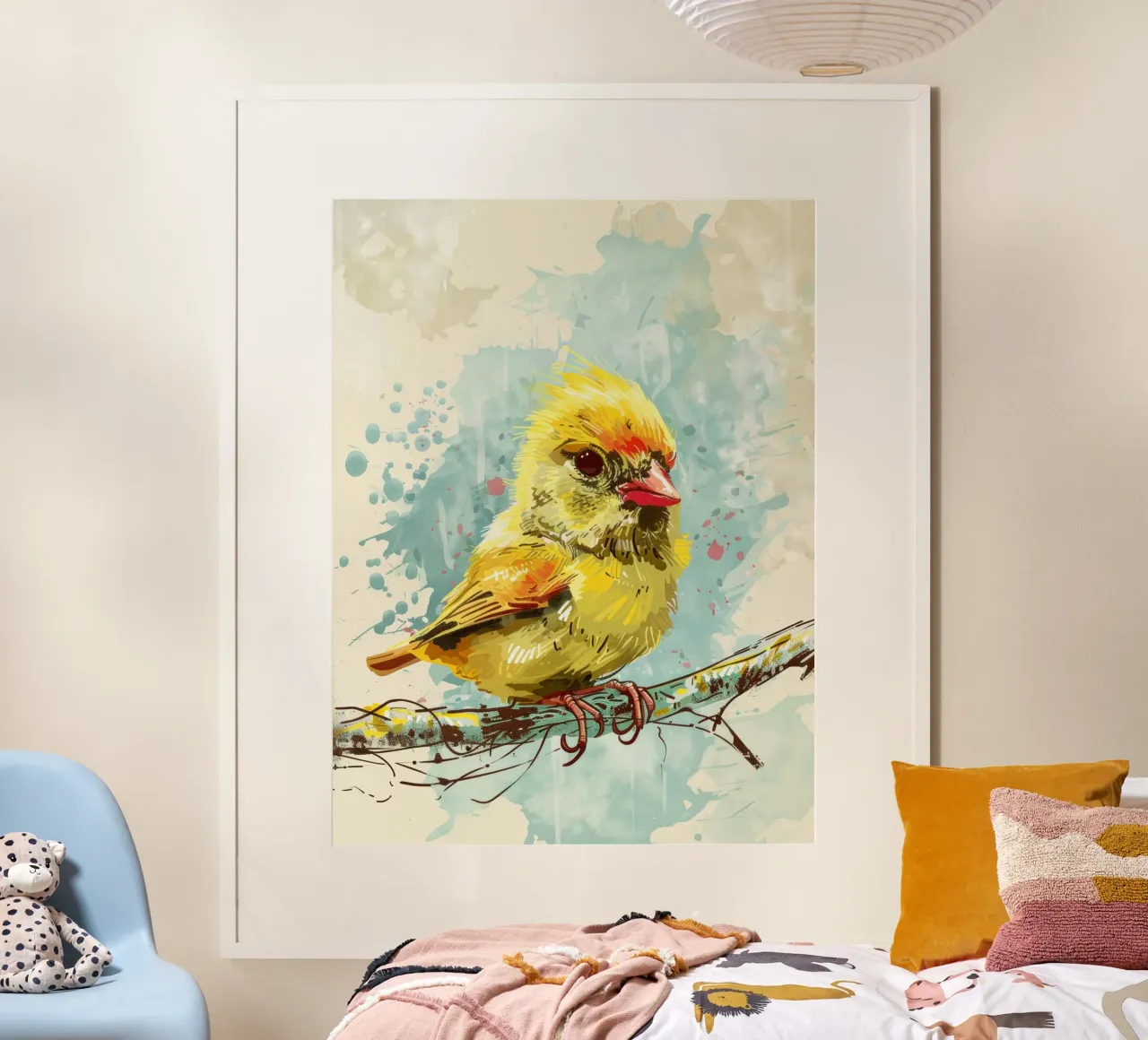 Leuchtend gelber Vogel auf einem Ast sitzend Poster mit Aluminium Rahmen von DesignDoodle