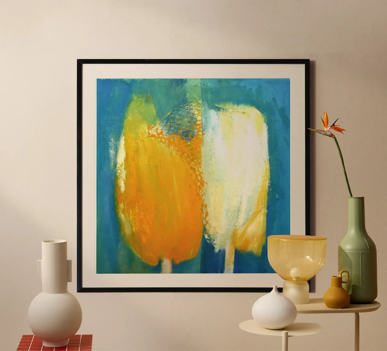 Tulpen gelb/weiß poster con telaio in legno da Anita Gewald