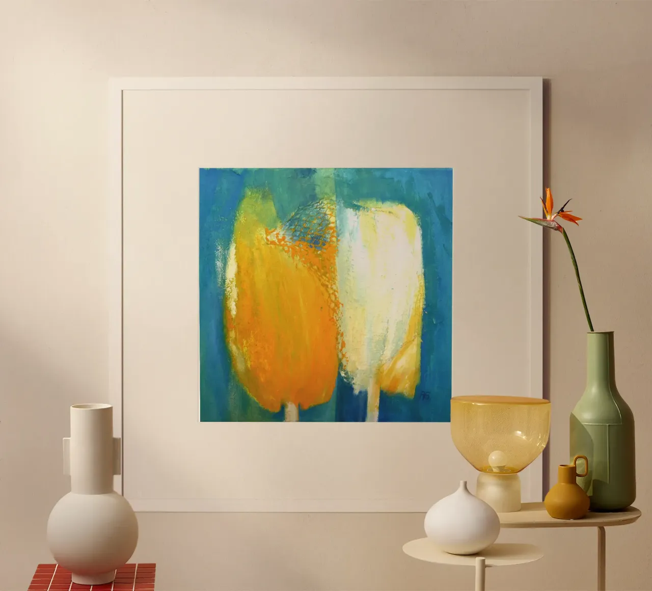 Tulpen gelb/weiß poster con telaio in legno da Anita Gewald