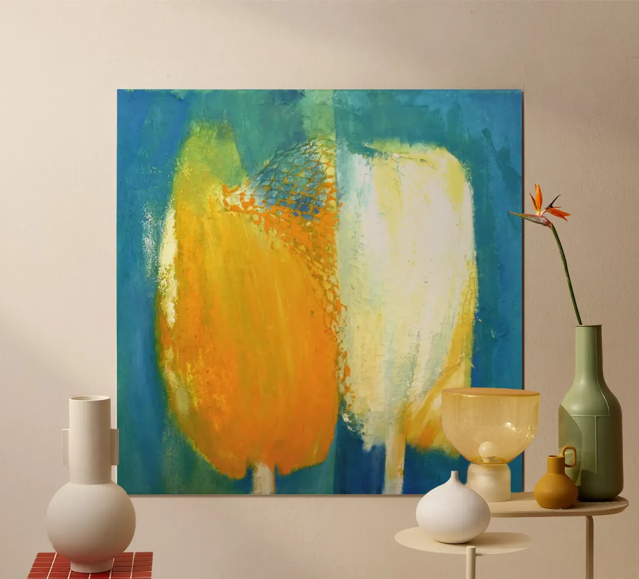 Tulpen gelb/weiß poster con telaio in legno da Anita Gewald
