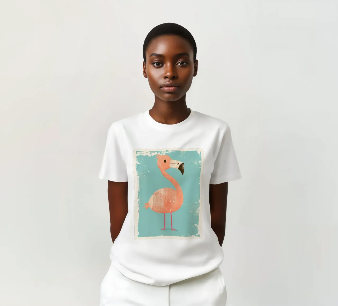 Fenicottero in piedi su sfondo semplice con design giocoso t-shirt da DesignDoodle