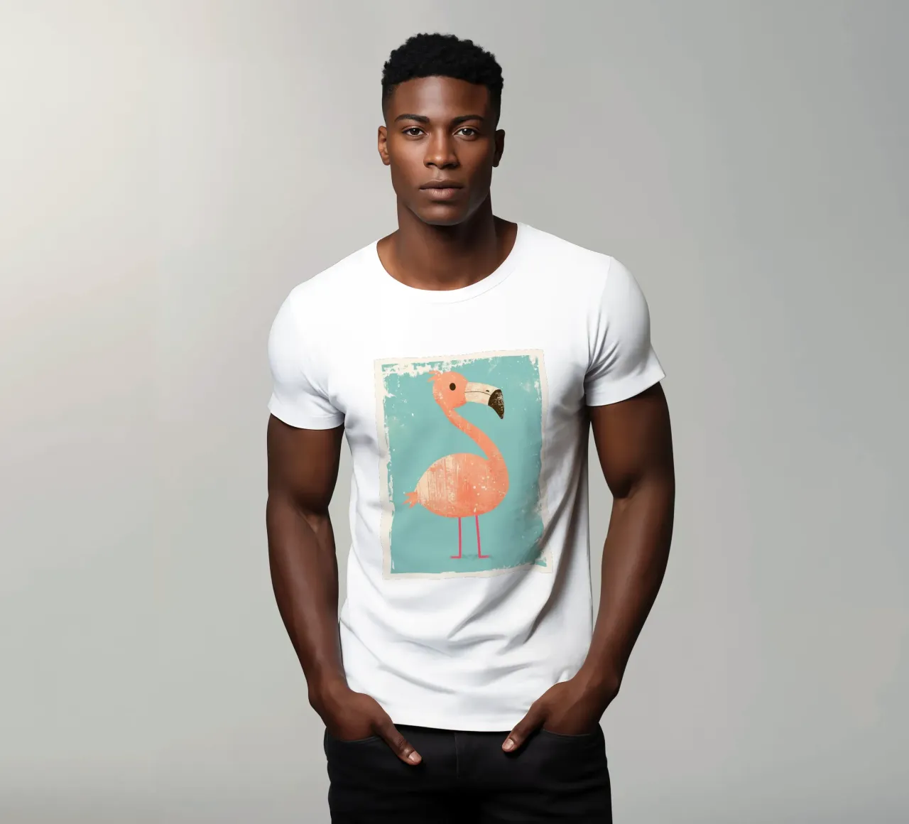 Fenicottero in piedi su sfondo semplice con design giocoso t-shirt da DesignDoodle