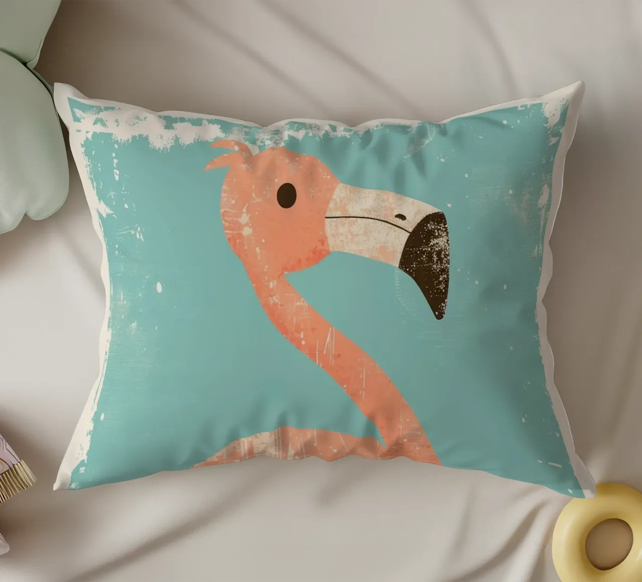 Flamingo standing on simple background with playful design decorative cushion by DesignDoodle