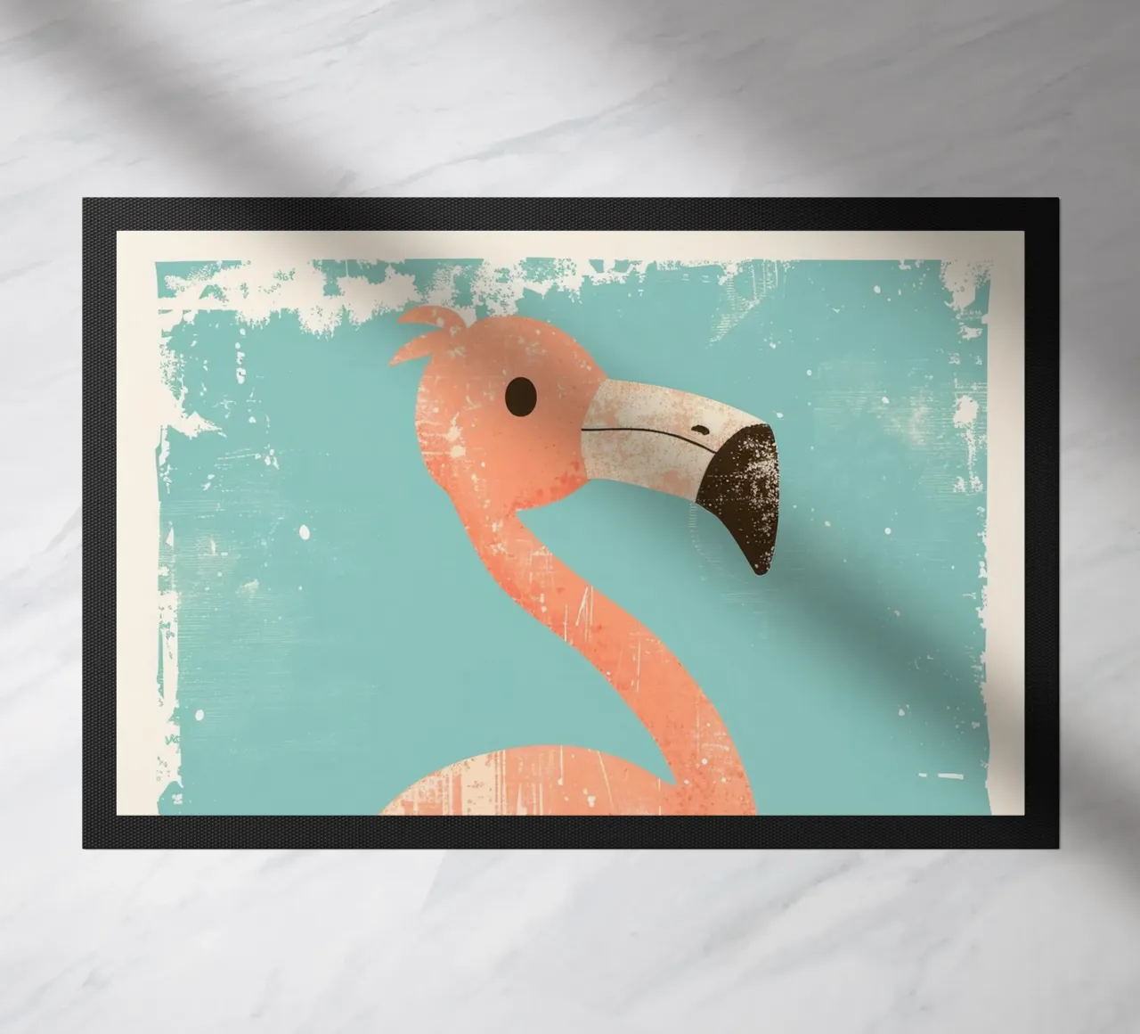Flamingo standing on simple background with playful design doormat by DesignDoodle