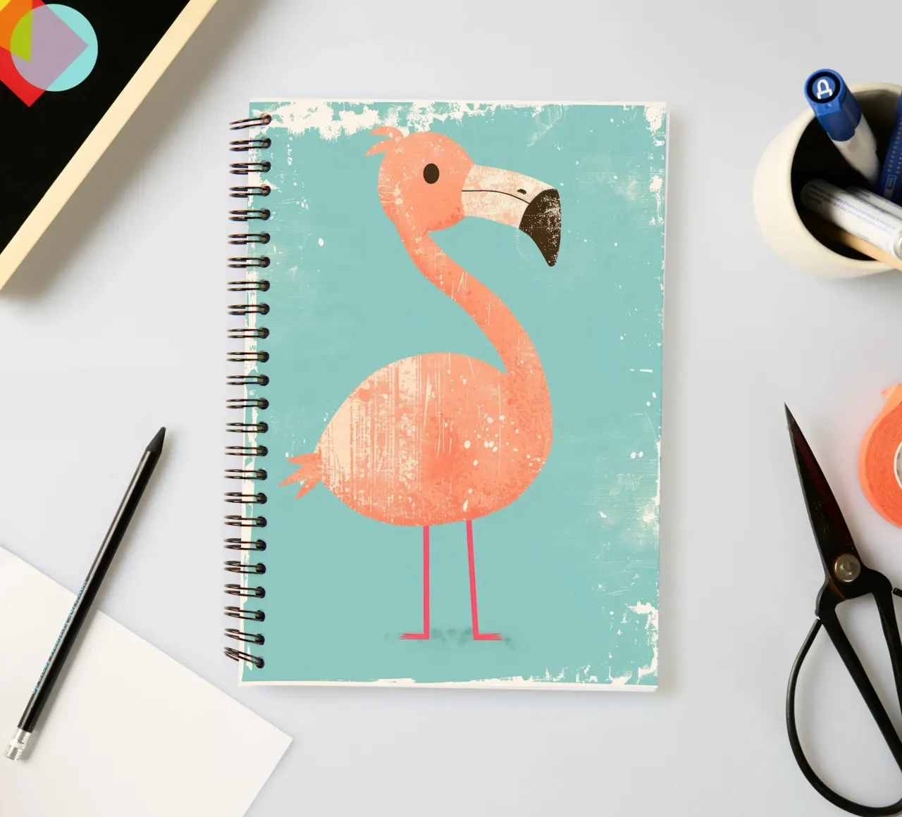 Flamingo standing on simple background with playful design spiral notebook by DesignDoodle