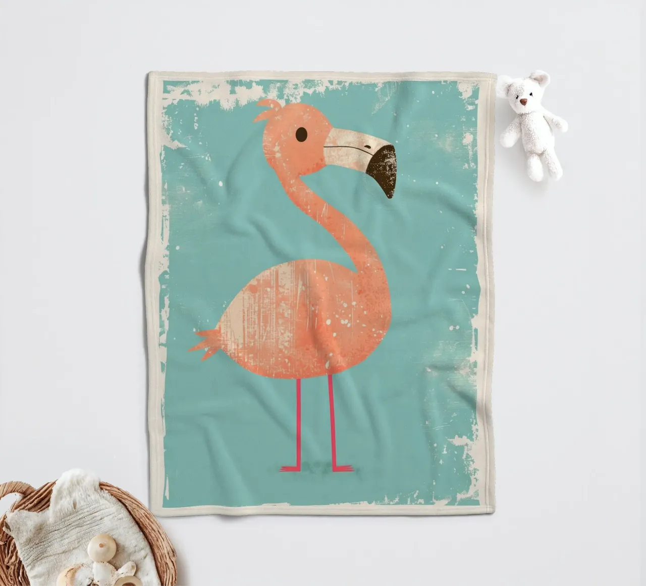 Fenicottero in piedi su sfondo semplice con design giocoso coperta in pile da DesignDoodle