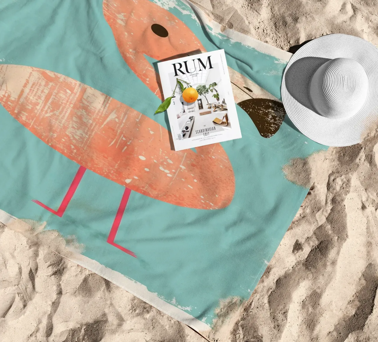 Flamingo standing on simple background with playful design beach towel by DesignDoodle