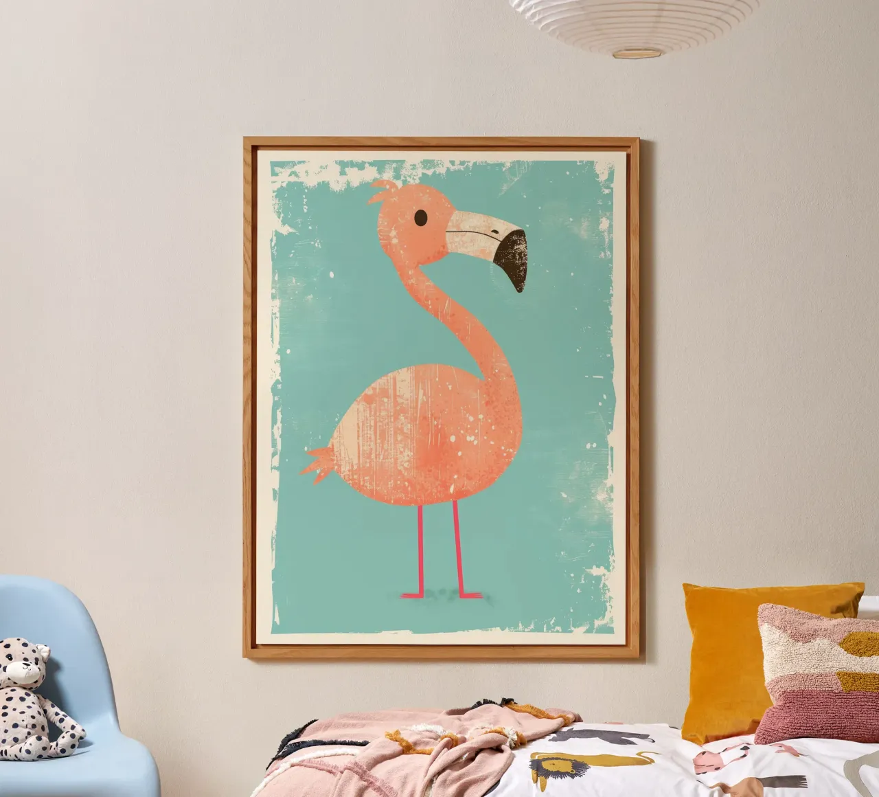 Flamingo standing on simple background with playful design alu-dibond by DesignDoodle