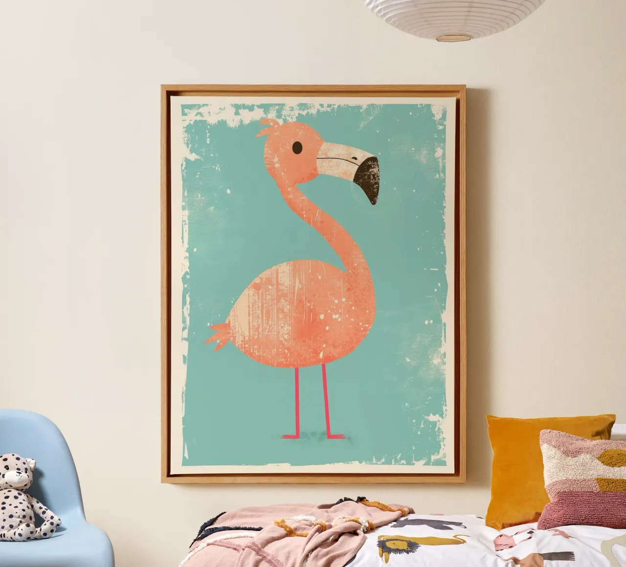 Flamingo standing on simple background with playful design canvas by DesignDoodle
