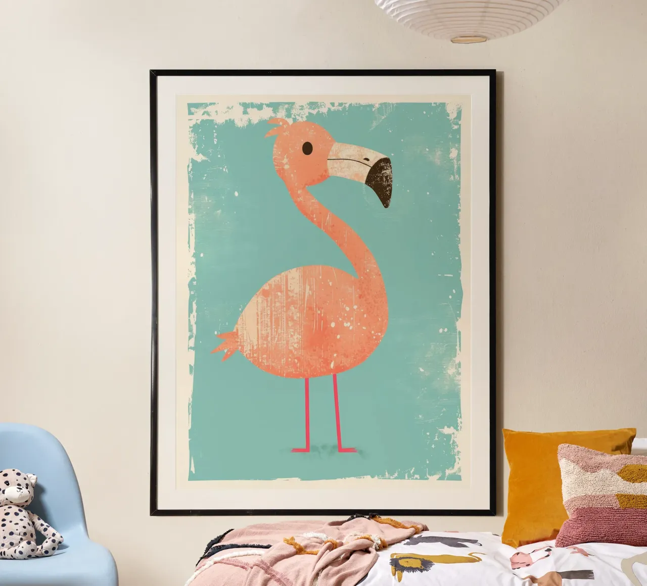 Flamingo standing on simple background with playful design hahnemühle by DesignDoodle