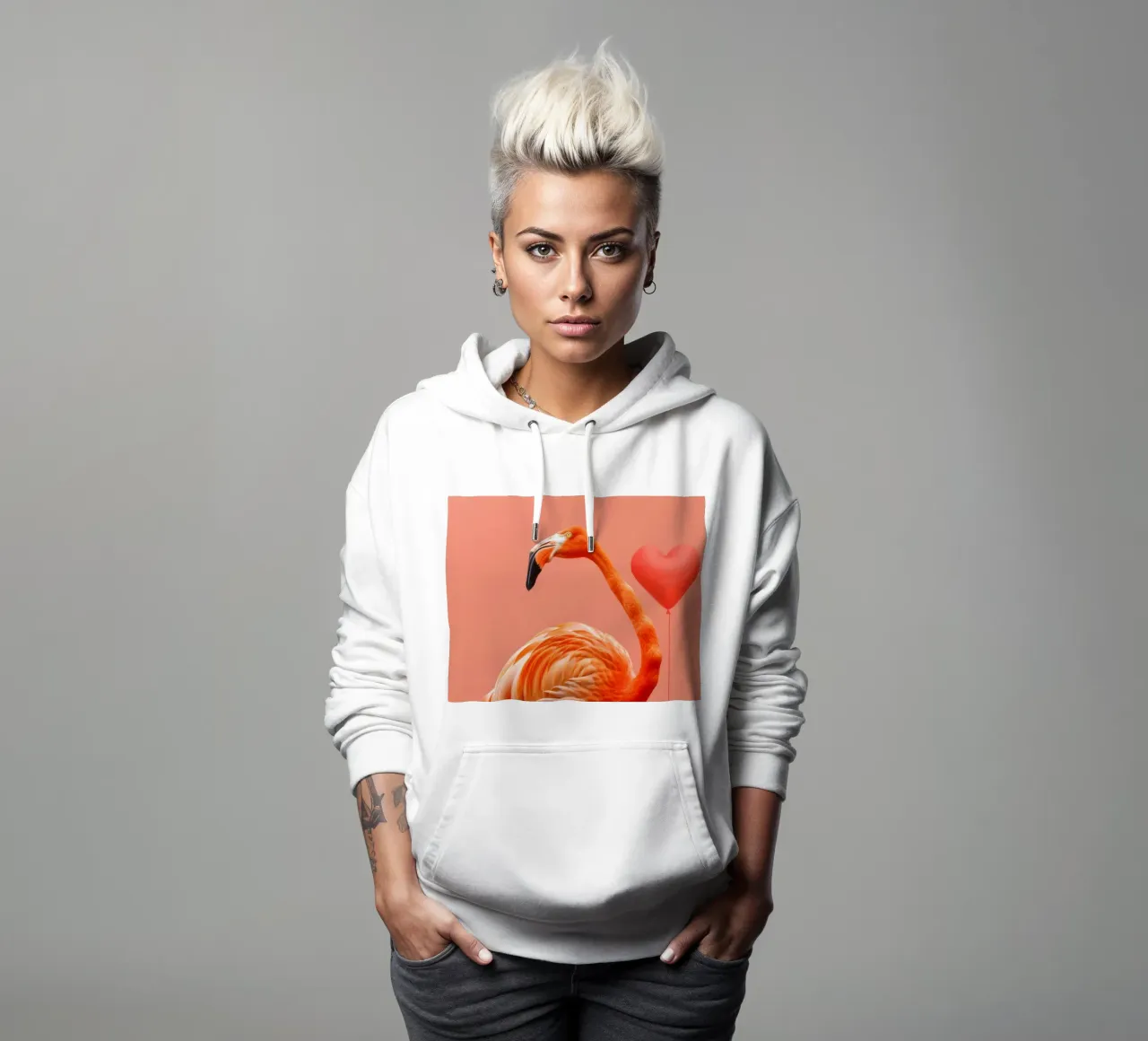 Un flamenco exótico posa elegantemente junto a un globo en forma de corazón sudadera con capucha de DesignDoodle
