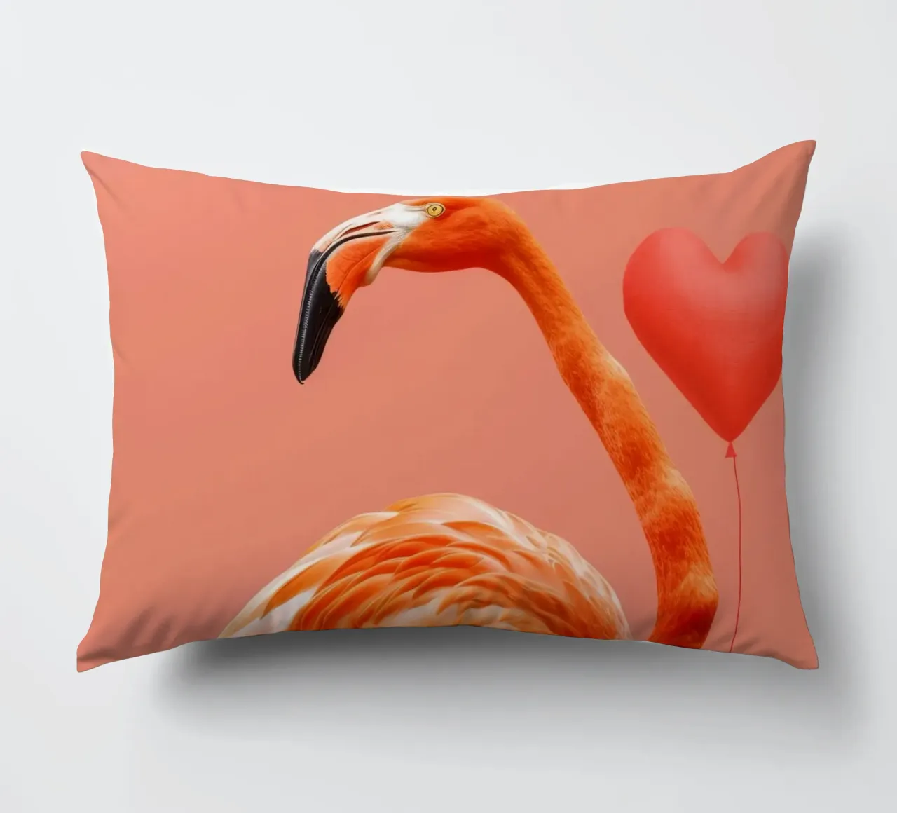 Fenicottero esotico posa elegantemente accanto a un palloncino a forma di cuore cuscino da DesignDoodle