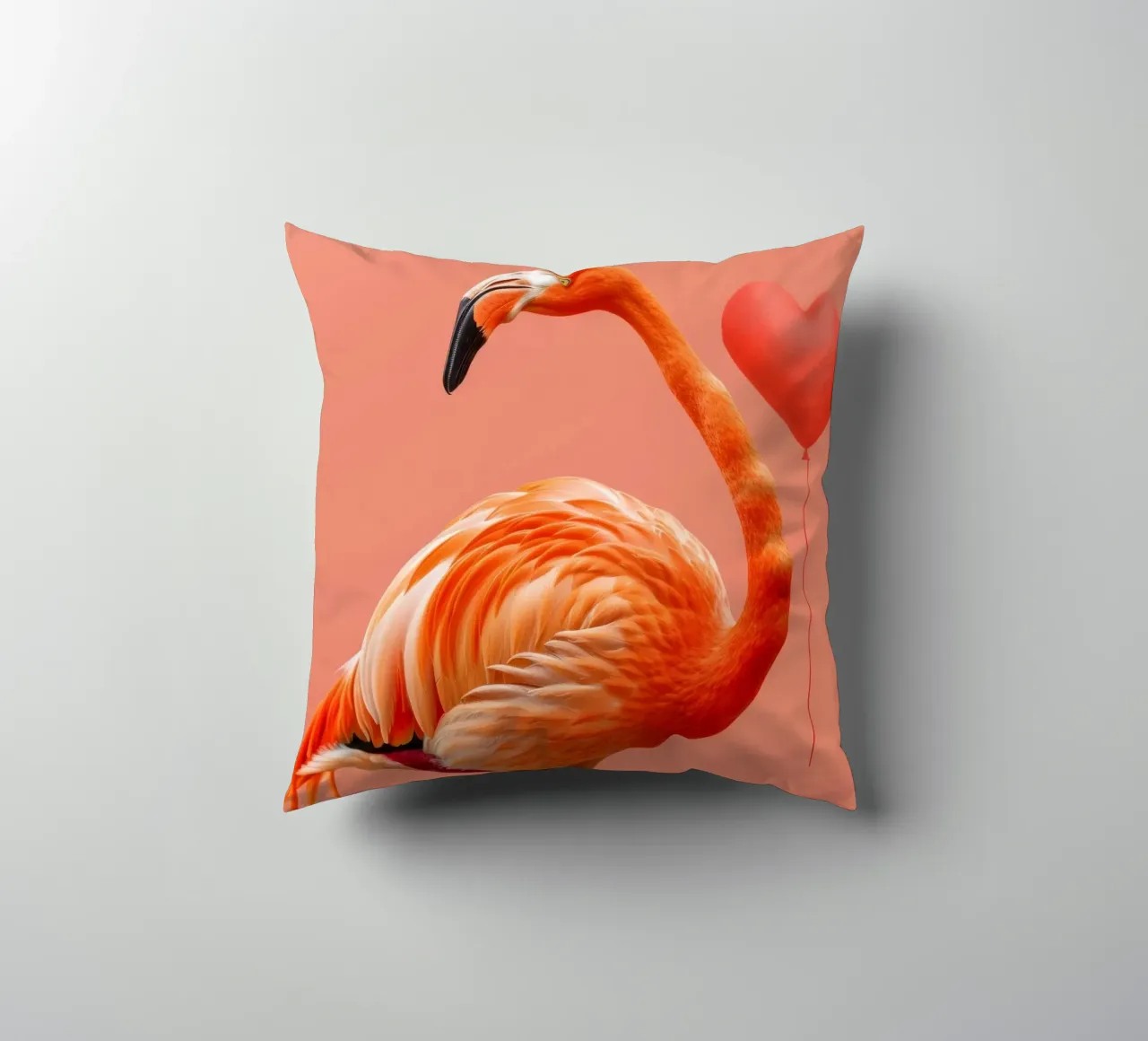 Fenicottero esotico posa elegantemente accanto a un palloncino a forma di cuore cuscino da DesignDoodle