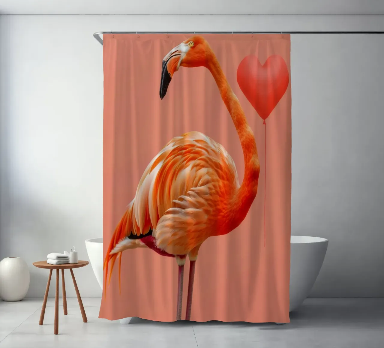 Un flamenco exótico posa elegantemente junto a un globo en forma de corazón cortina de baño de DesignDoodle