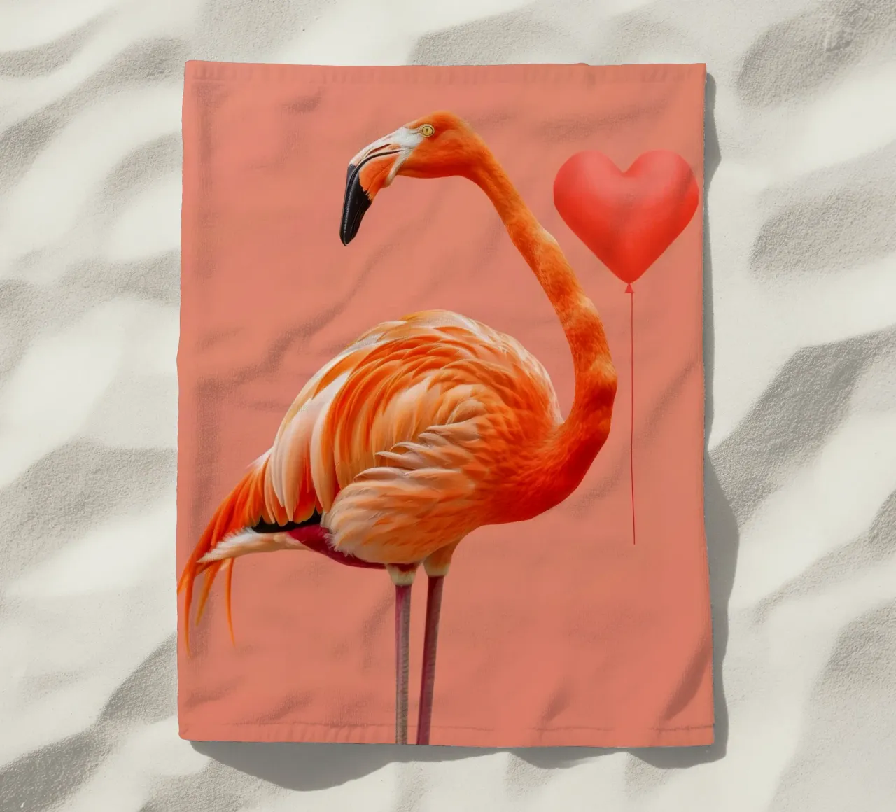 Fenicottero esotico posa elegantemente accanto a un palloncino a forma di cuore telo mare da DesignDoodle
