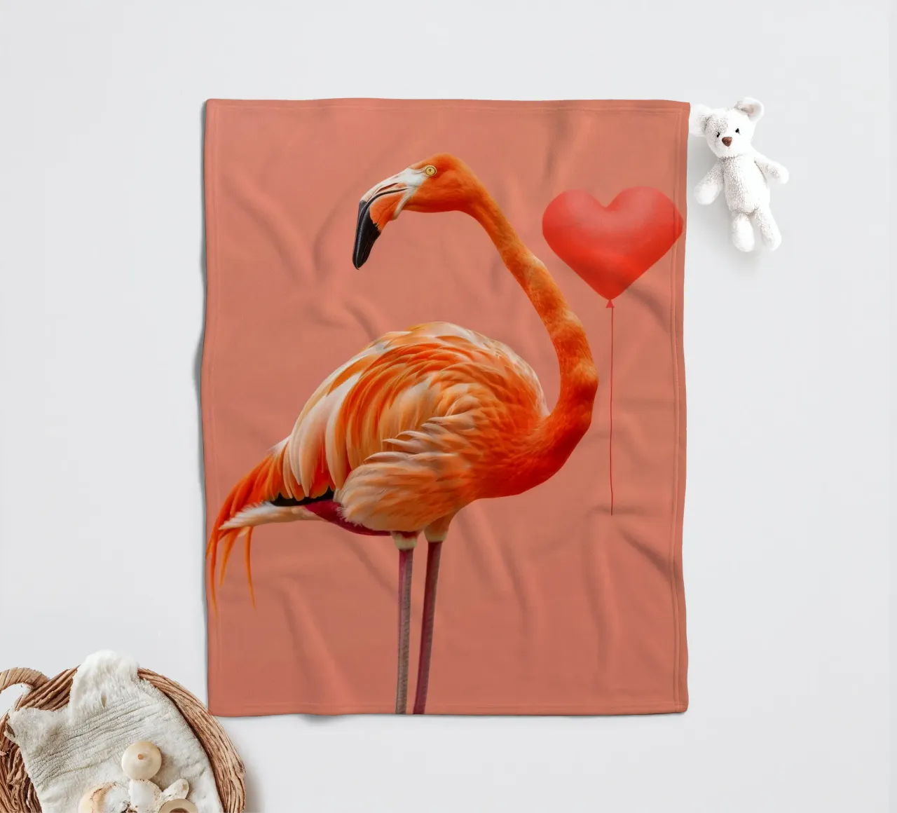 Fenicottero esotico posa elegantemente accanto a un palloncino a forma di cuore coperta in pile da DesignDoodle