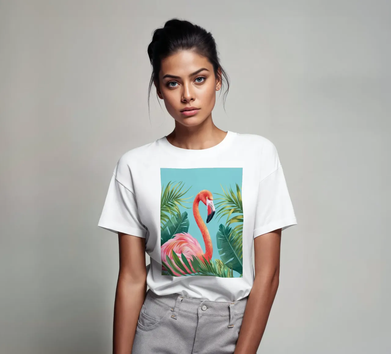 Flamant debout parmi des feuilles tropicales dans un ensemble décoratif t-shirt de DesignDoodle
