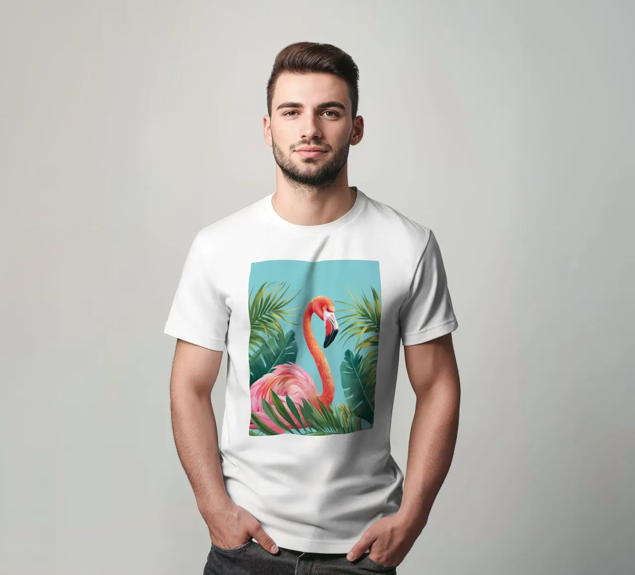 Flamant debout parmi des feuilles tropicales dans un ensemble décoratif t-shirt de DesignDoodle