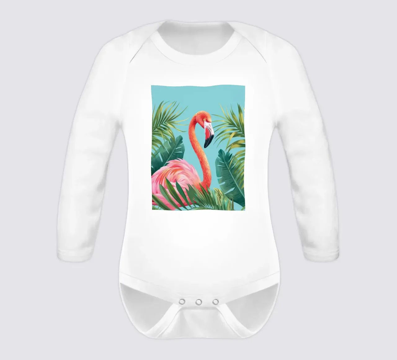 Flamingo standing among tropical foliage in a decorative set long-sleeve baby romper by DesignDoodle
