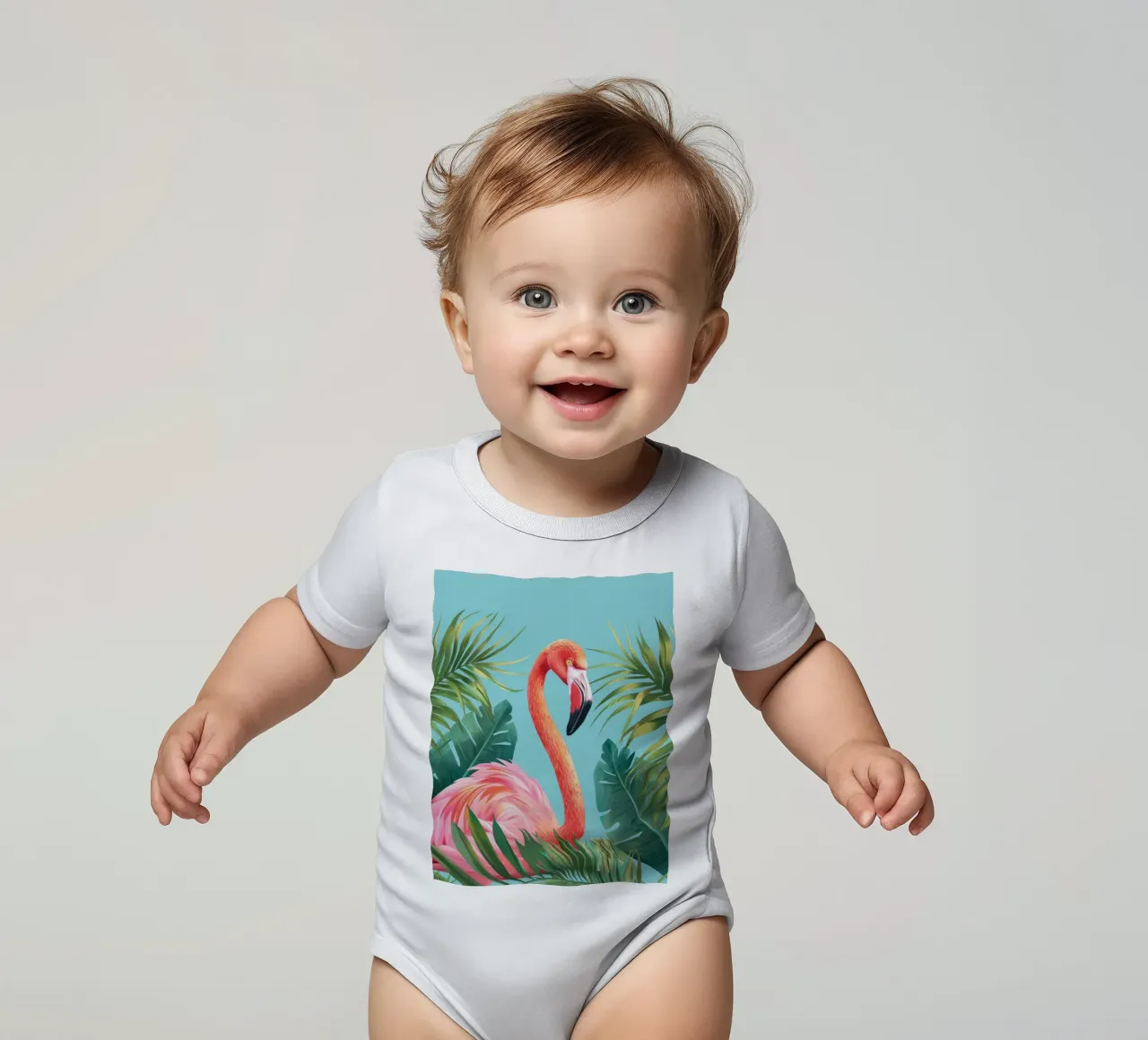 Flamingo standing among tropical foliage in a decorative set short-sleeve baby romper by DesignDoodle