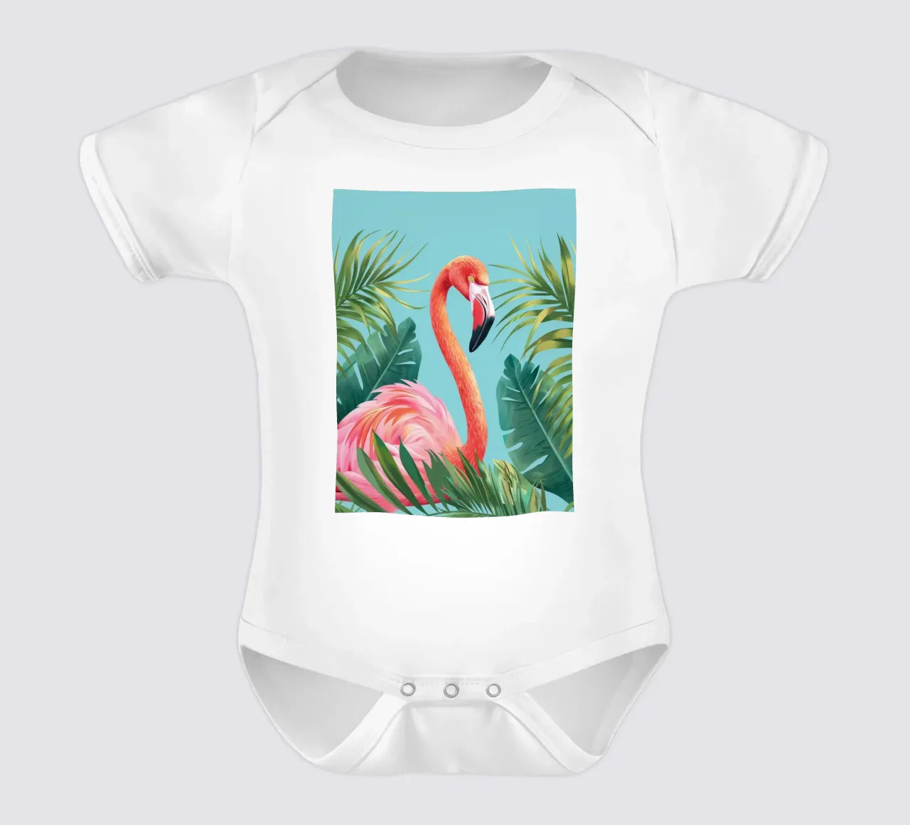 Flamingo standing among tropical foliage in a decorative set short-sleeve baby romper by DesignDoodle
