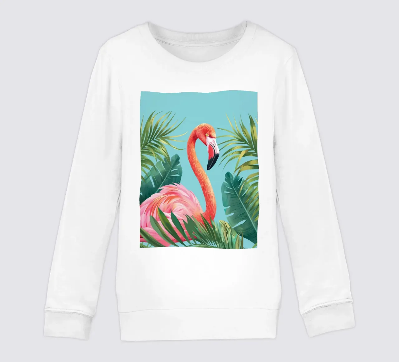 Flamingo standing among tropical foliage in a decorative set kids sweatshirt by DesignDoodle
