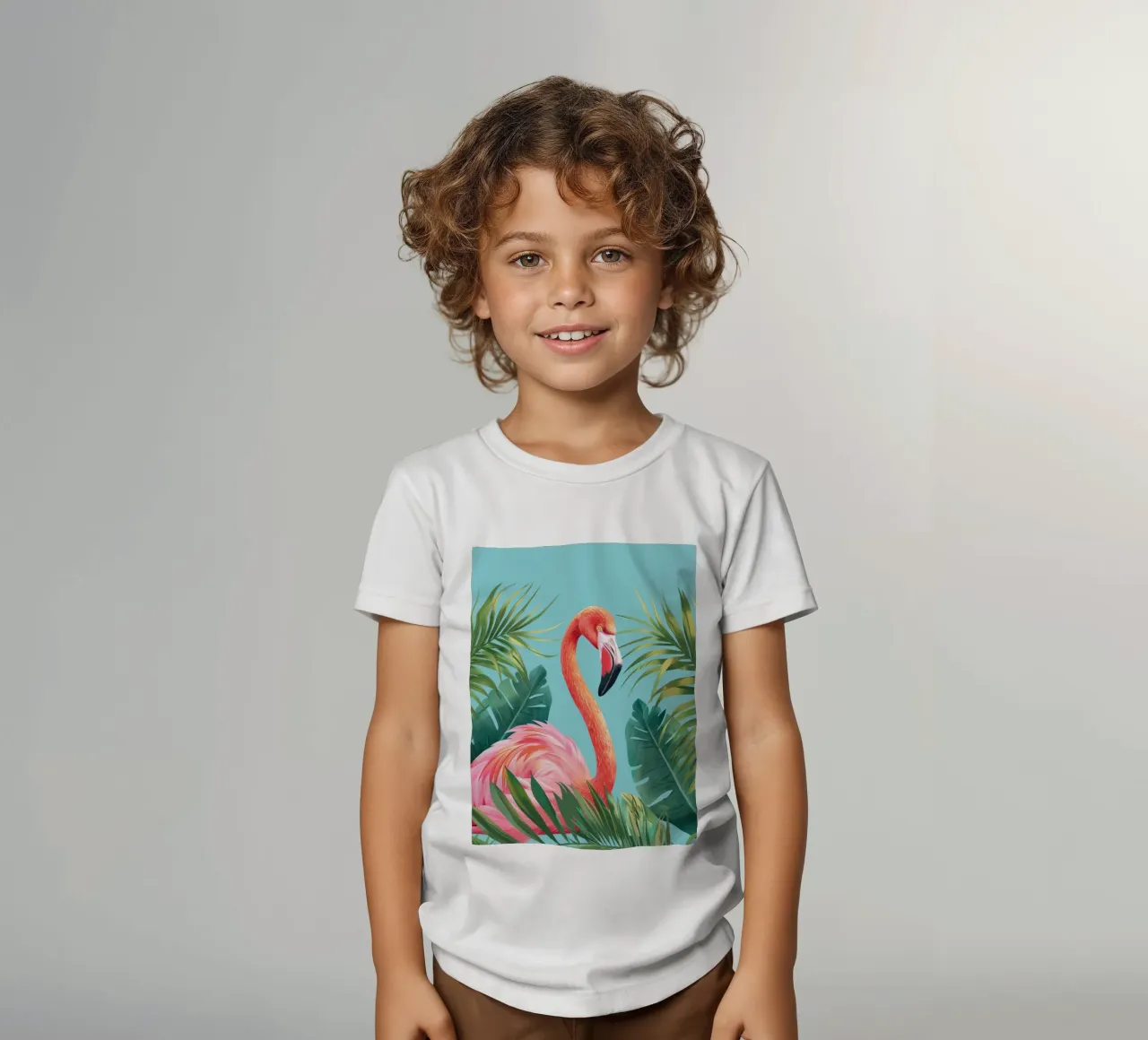 Flamant debout parmi des feuilles tropicales dans un ensemble décoratif t-shirt enfant de DesignDoodle