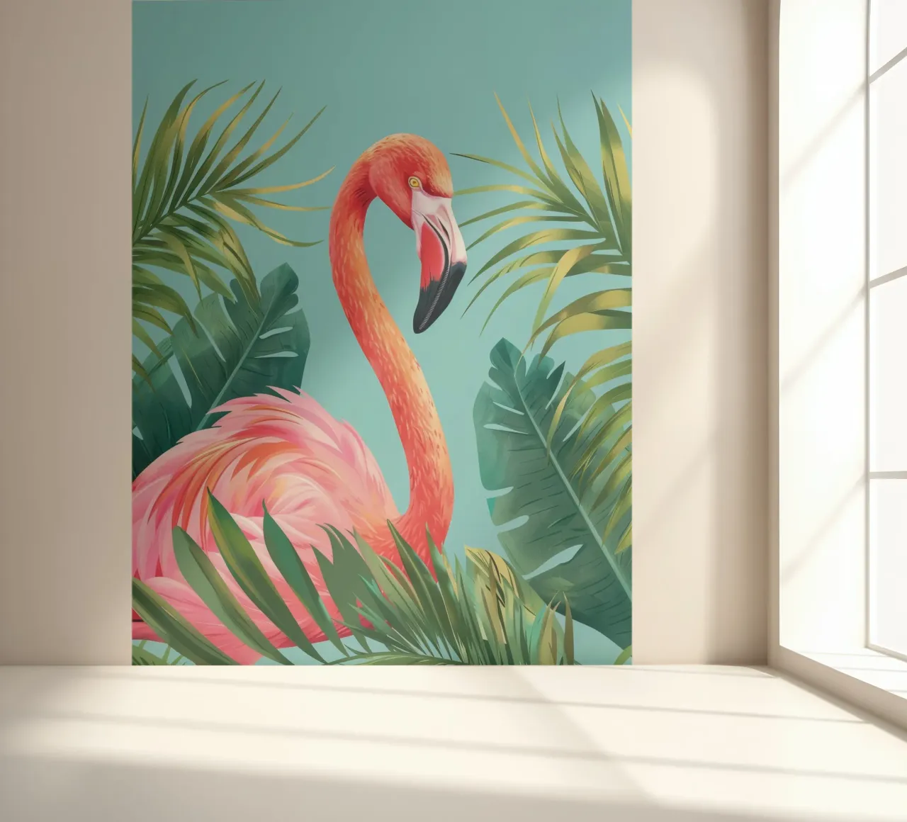Flamingo standing among tropical foliage in a decorative set photo wallpaper by DesignDoodle