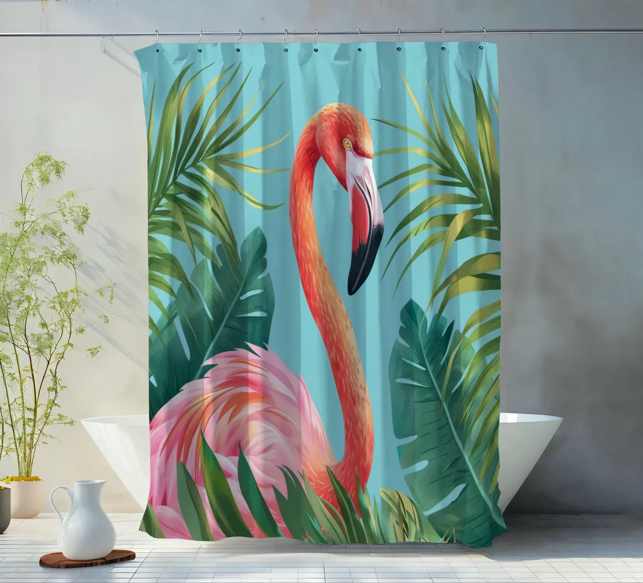 Flamingo staand tussen tropisch gebladerte in een decoratieve set douchegordijn van DesignDoodle