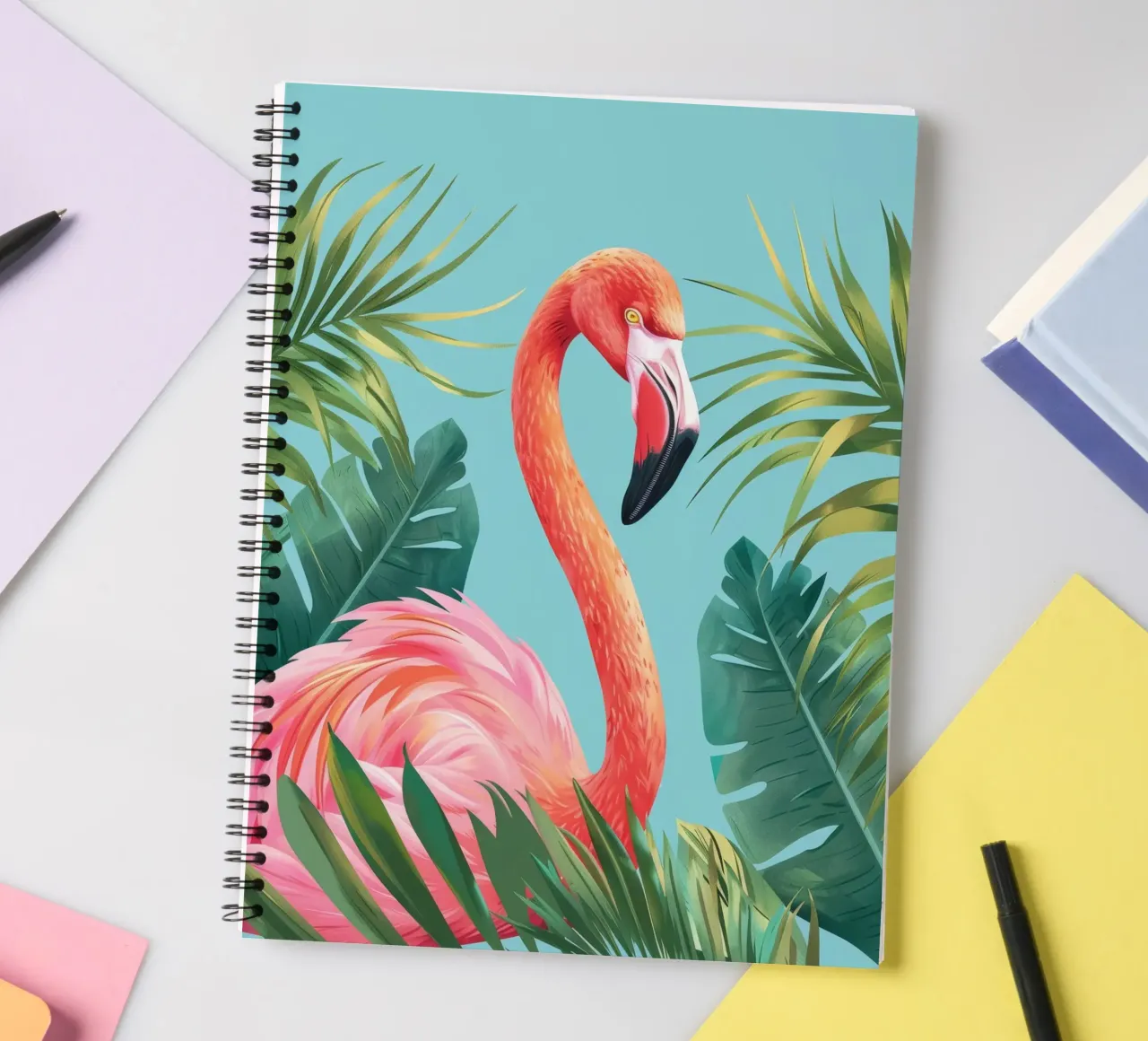 Flamant debout parmi des feuilles tropicales dans un ensemble décoratif carnet à spirale de DesignDoodle