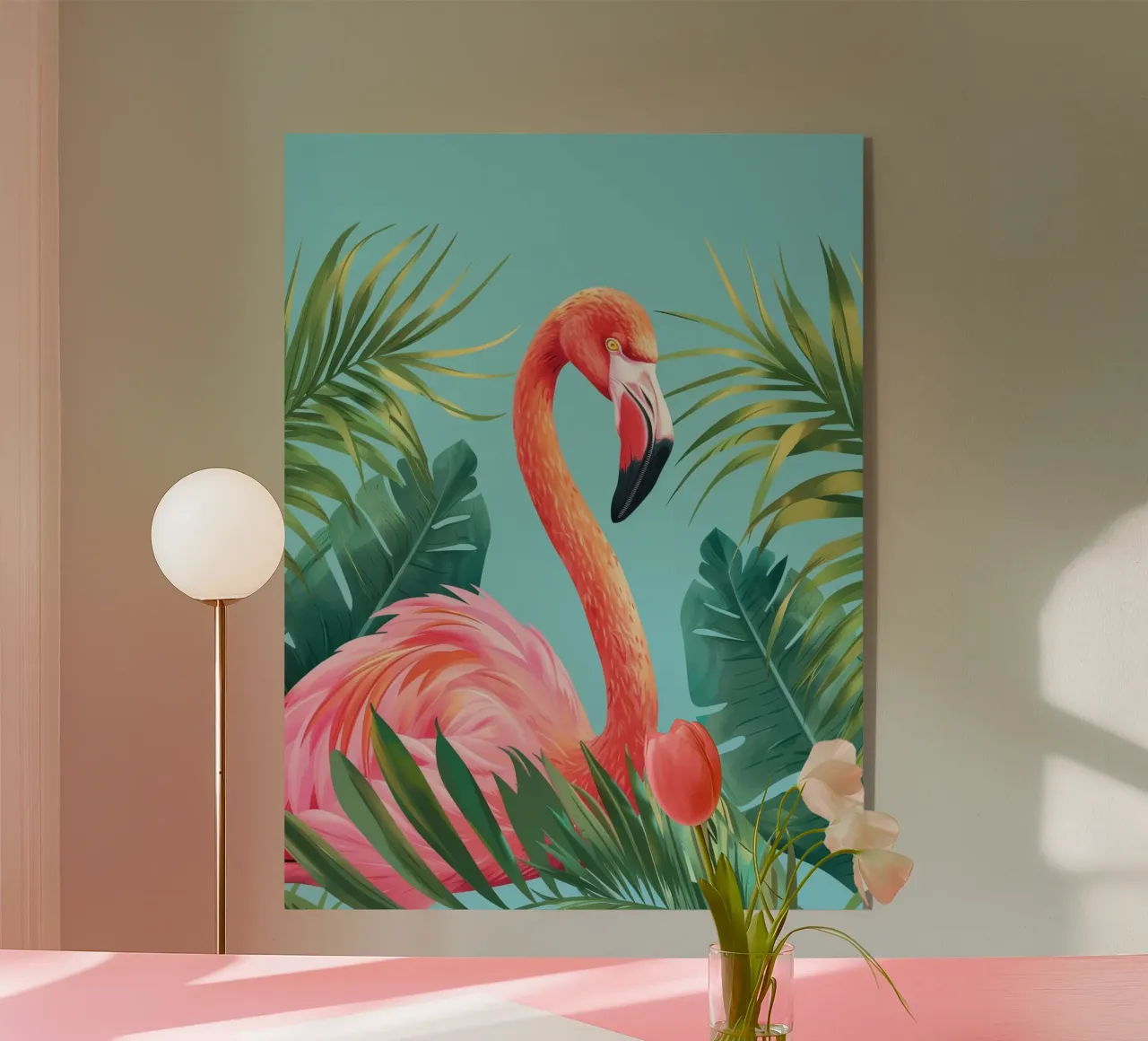 Flamingo standing among tropical foliage in a decorative set acrylic glass by DesignDoodle