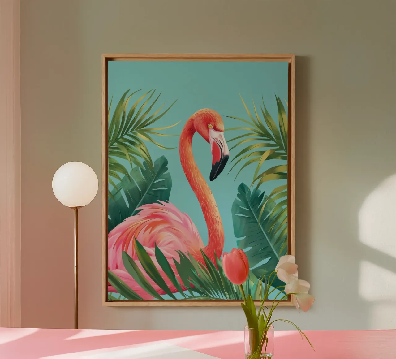 Flamingo staand tussen tropisch gebladerte in een decoratieve set canvas met Baklijst van DesignDoodle