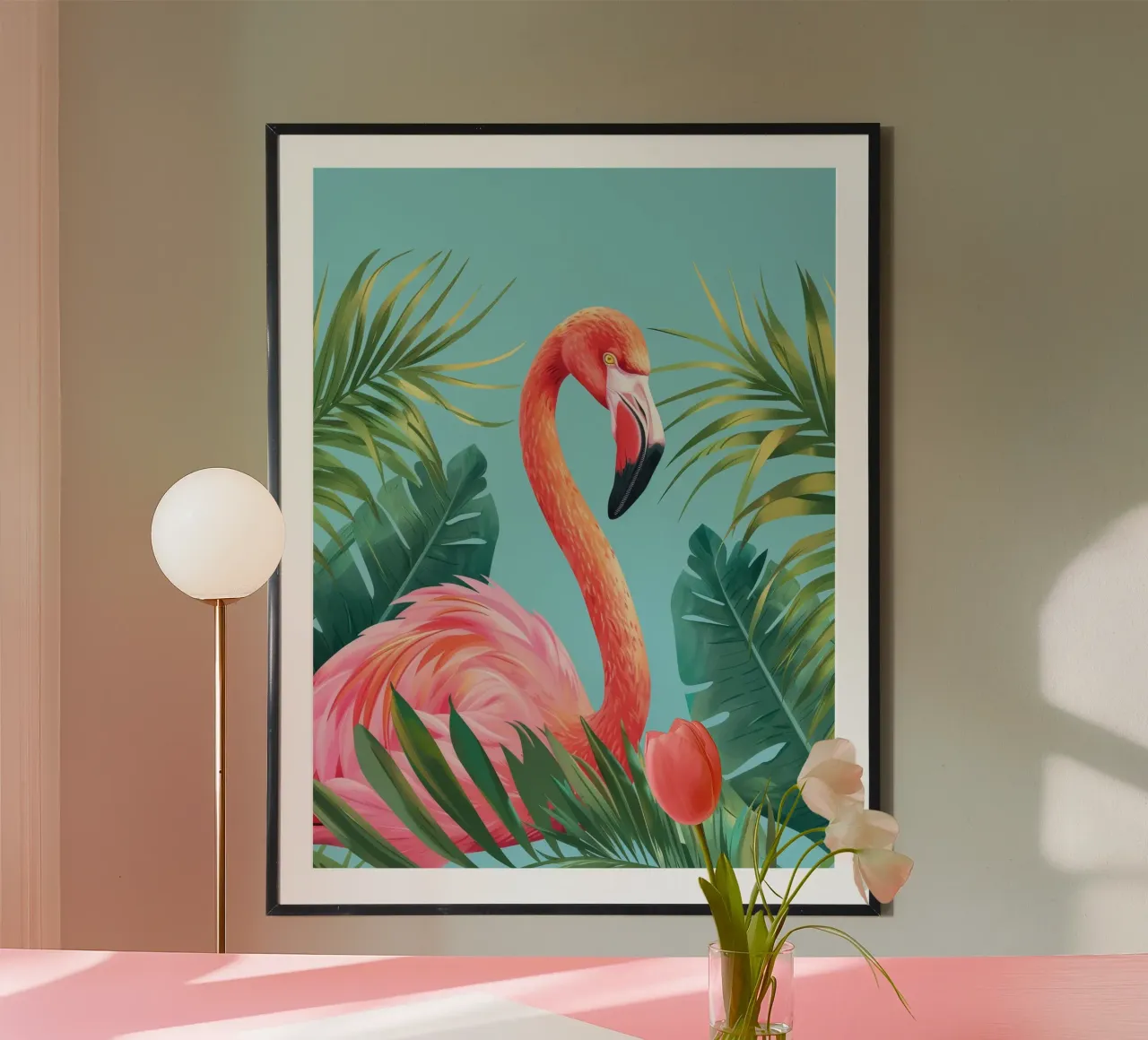 Fenicottero in piedi tra il fogliame tropicale in un set decorativo carta hahnemühle da DesignDoodle