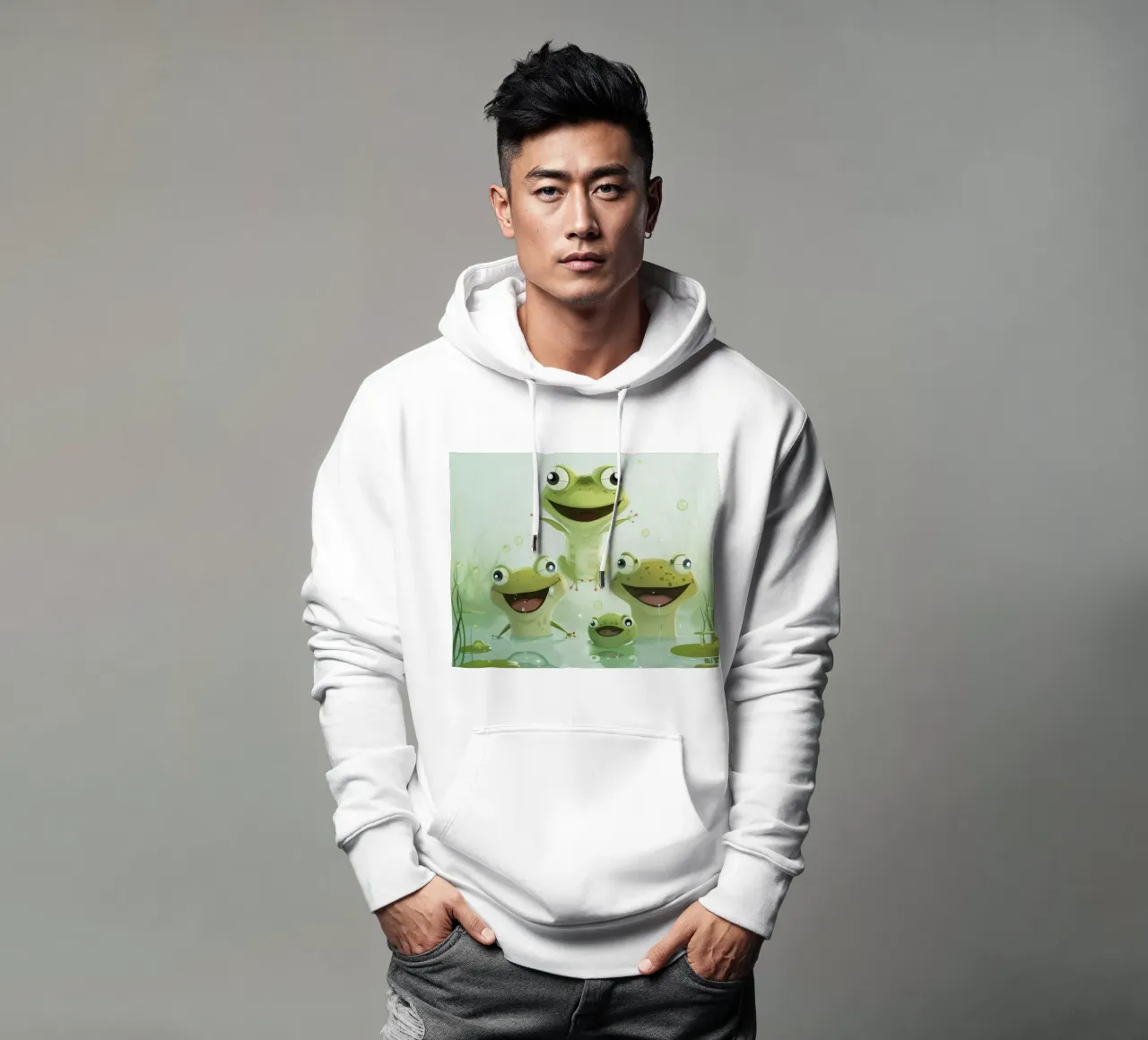 Rane che si godono un momento di gioia in uno stagno tranquillo in una giornata di sole felpa con cappuccio da DesignDoodle
