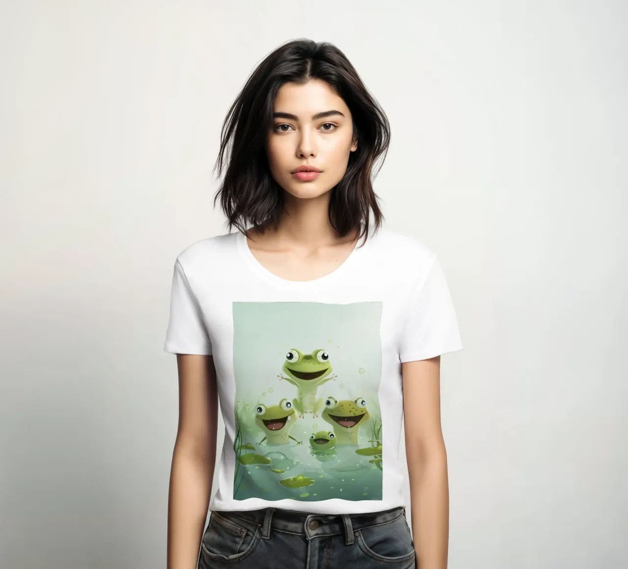 Frogs enjoying a joyful moment in a tranquil pond on a sunny women's fitted t-shirt by DesignDoodle