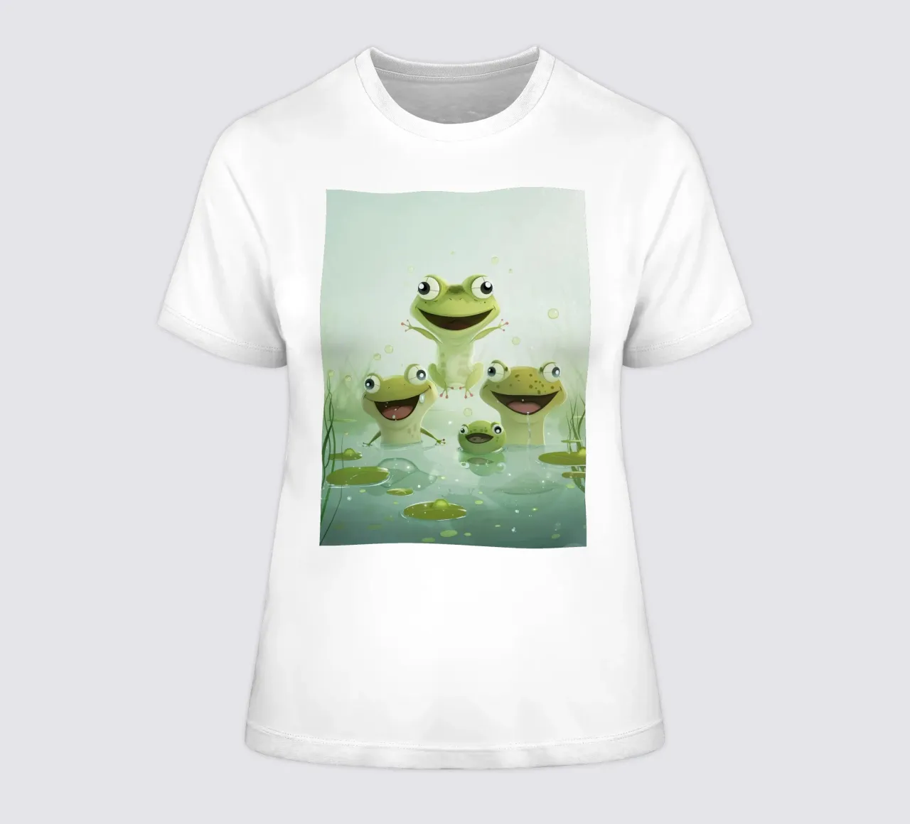 Frogs enjoying a joyful moment in a tranquil pond on a sunny women's fitted t-shirt by DesignDoodle