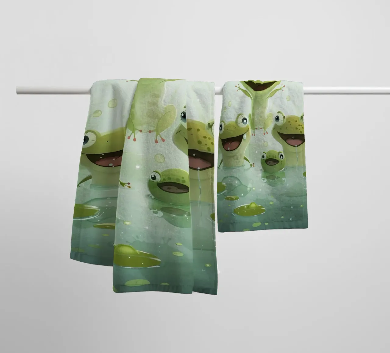 Frogs enjoying a joyful moment in a tranquil pond on a sunny towel by DesignDoodle