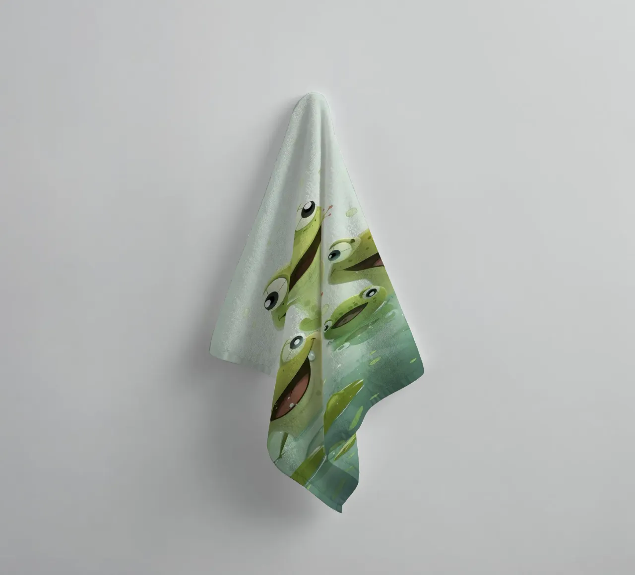 Frogs enjoying a joyful moment in a tranquil pond on a sunny towel by DesignDoodle