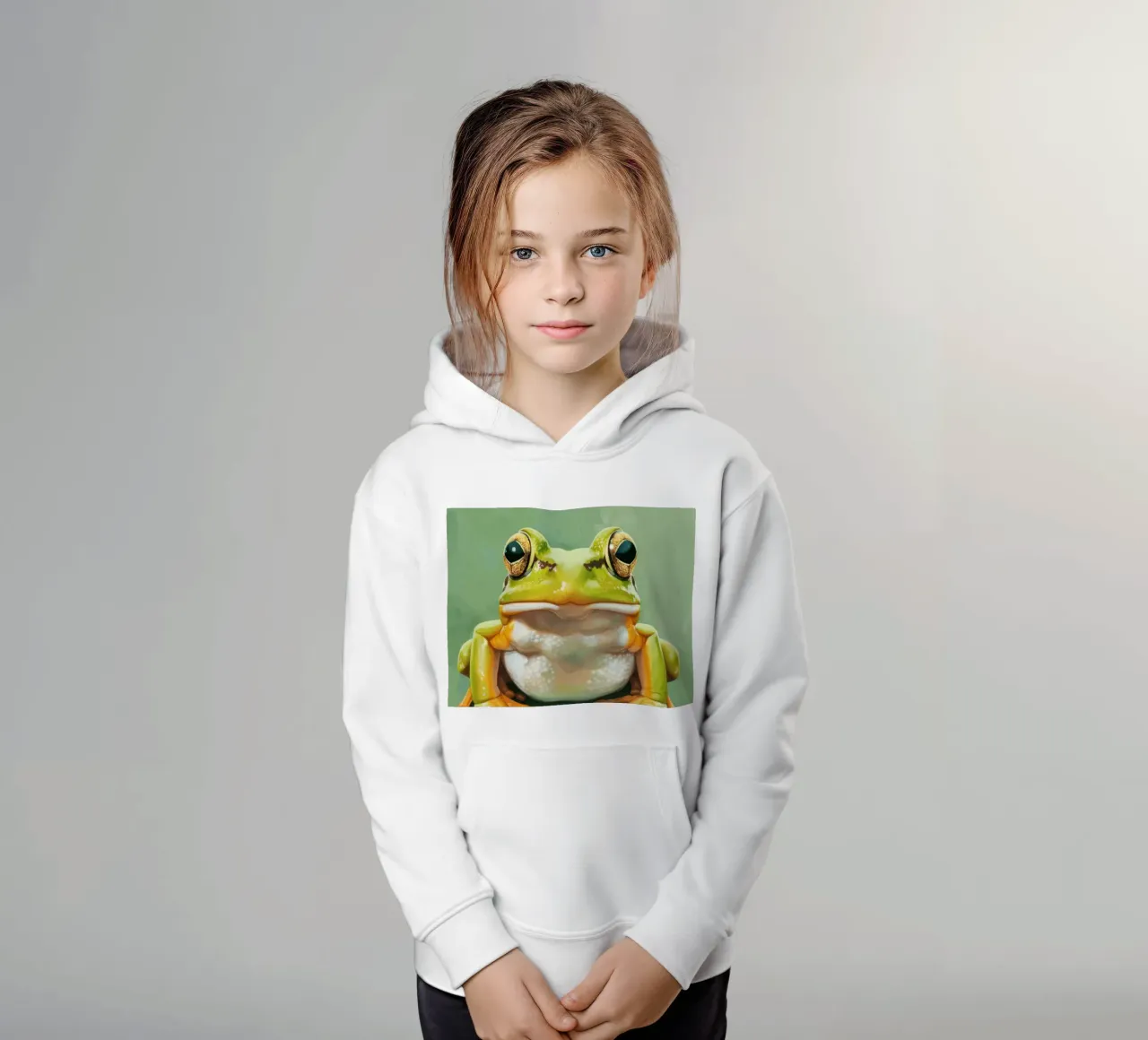 Rana verde seduta su una superficie liscia con occhi suggestivi felpa bambino con cappuccio da DesignDoodle