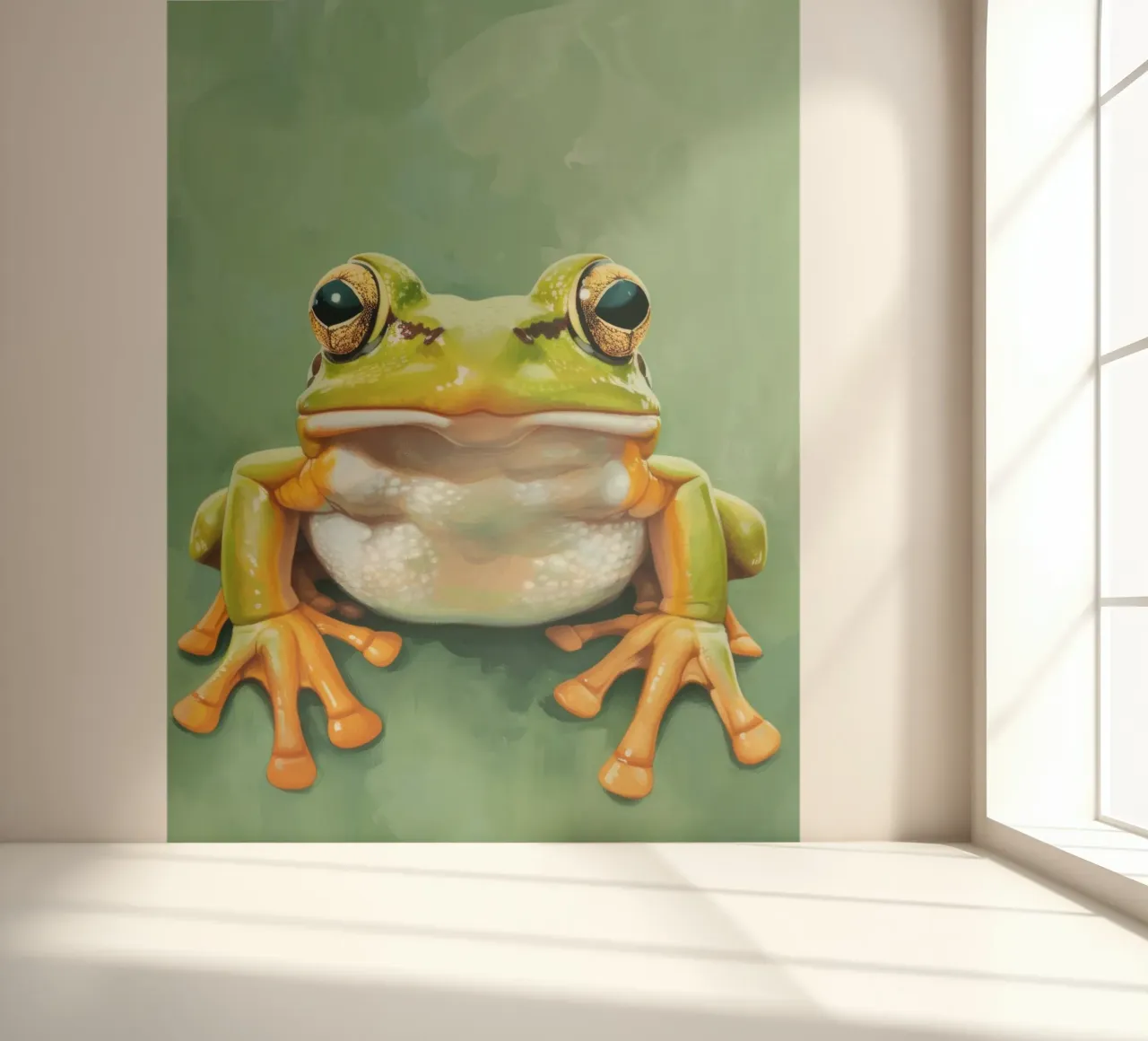 Green frog sitting on a smooth surface with striking eyes photo wallpaper by DesignDoodle